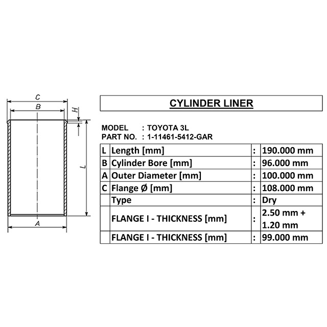 1114615412GAR CYLINDER LINER FOR TOYOTA 3L